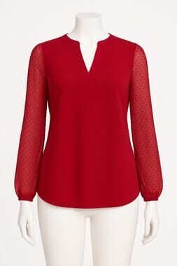 Kasper Red Sheer Polka Dot Sleeve Blouse XL